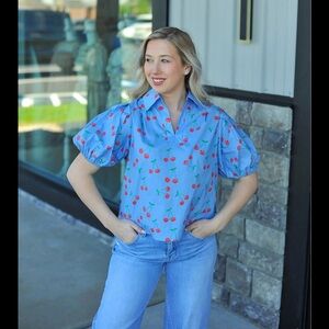 Pinch Blue Cherry Pattern Blouse